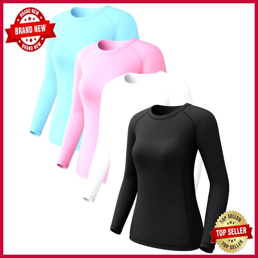 4 Pack Long Sleeve Compression Shirts, Dry Fit Workout Tops For Yoga Running Gym